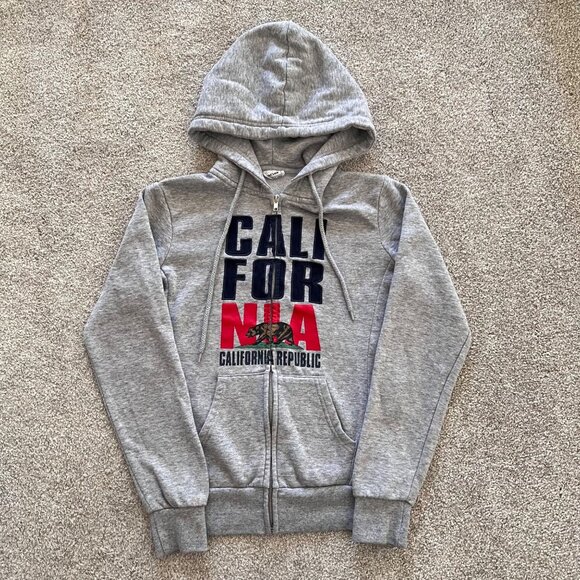 Y2K Vintage California Republic Embroidered Bear Gray Hooded Jacket S - Picture 1 of 7